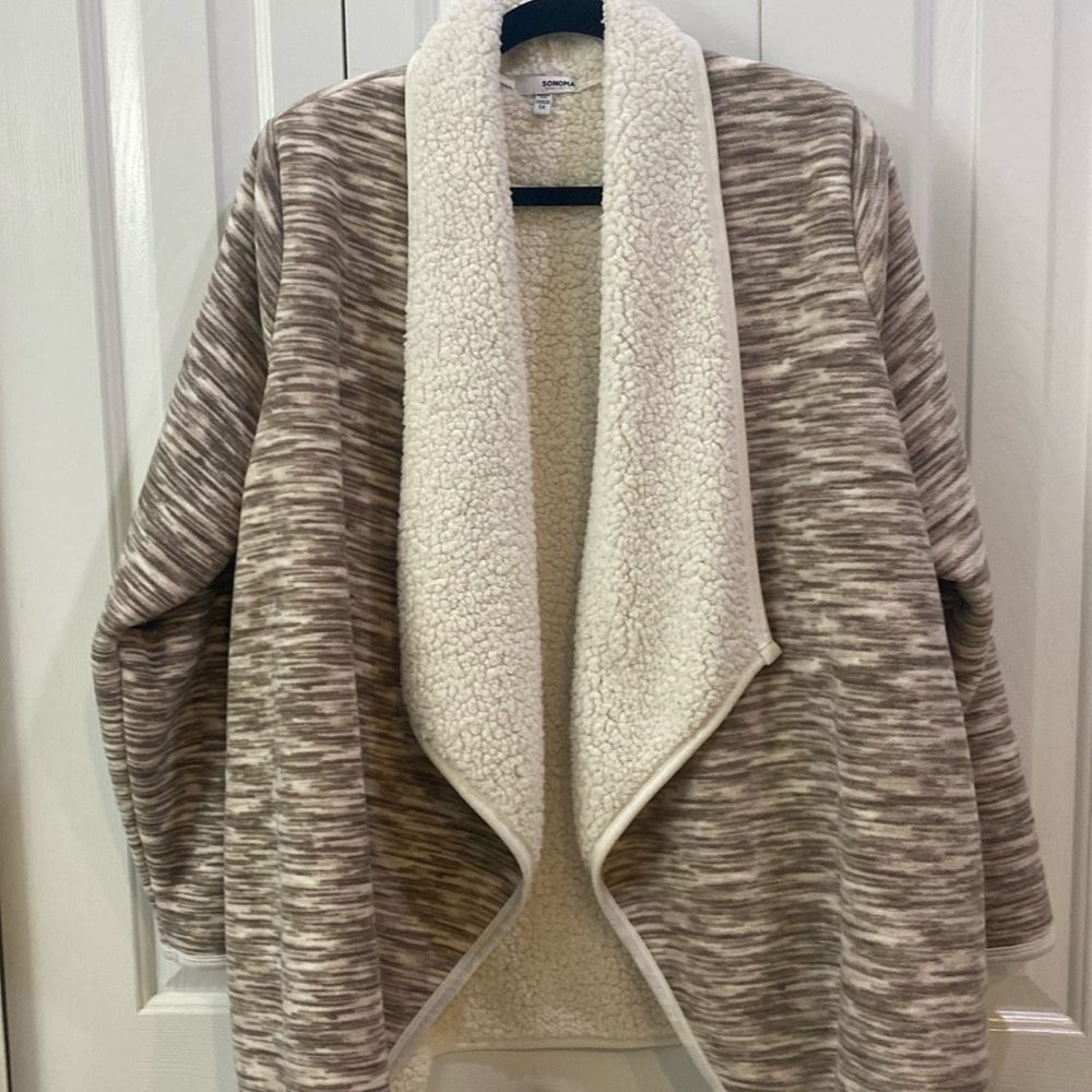 Sonoma Fleece Cardigan Wrap Tan and Cream color 1X
